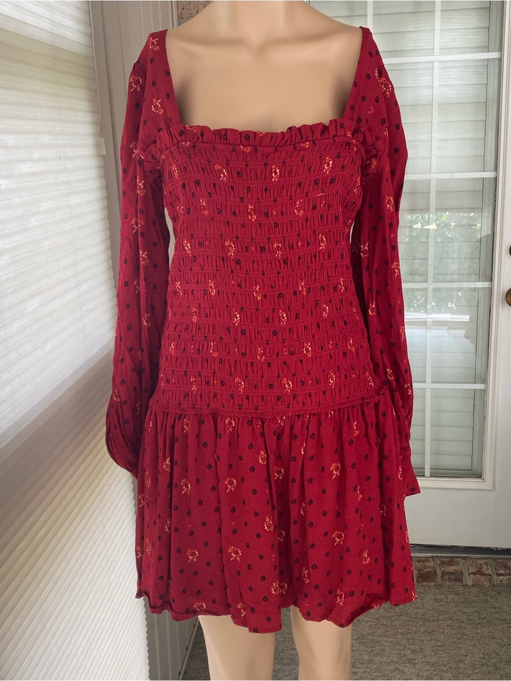 Free People Red Smocked Square-Neck Mini Dress